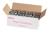 boîte ouverte de 8 cannes, cannes métalliques de sirop d’érable, caisse de carton, emballage pour cannes, vue du dessus